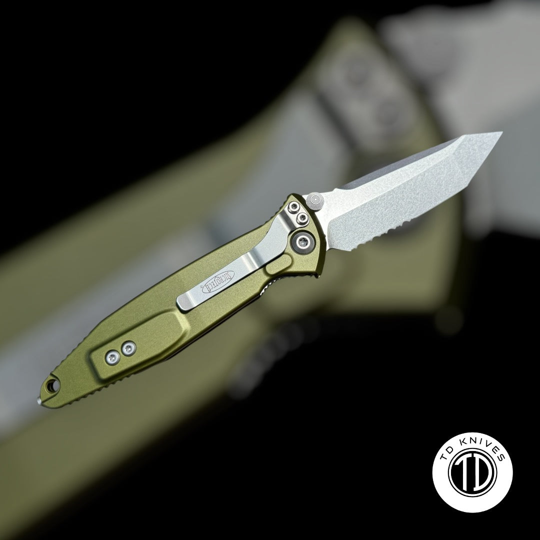 MICROTECH - Socom Elite Manual in OD Green W/ Tanto Edge Partial Serrated Stonewash Blade. Model # 161-11OD