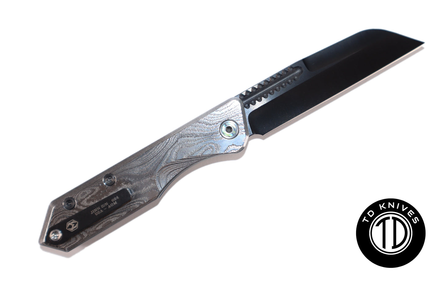 HERETIC KNIVES CUSTOM - Jinn - Vegas Forge Wood Grain Damascus Handle & Abalone Accents W/ Hand Ground DLC Magnacut Blade.