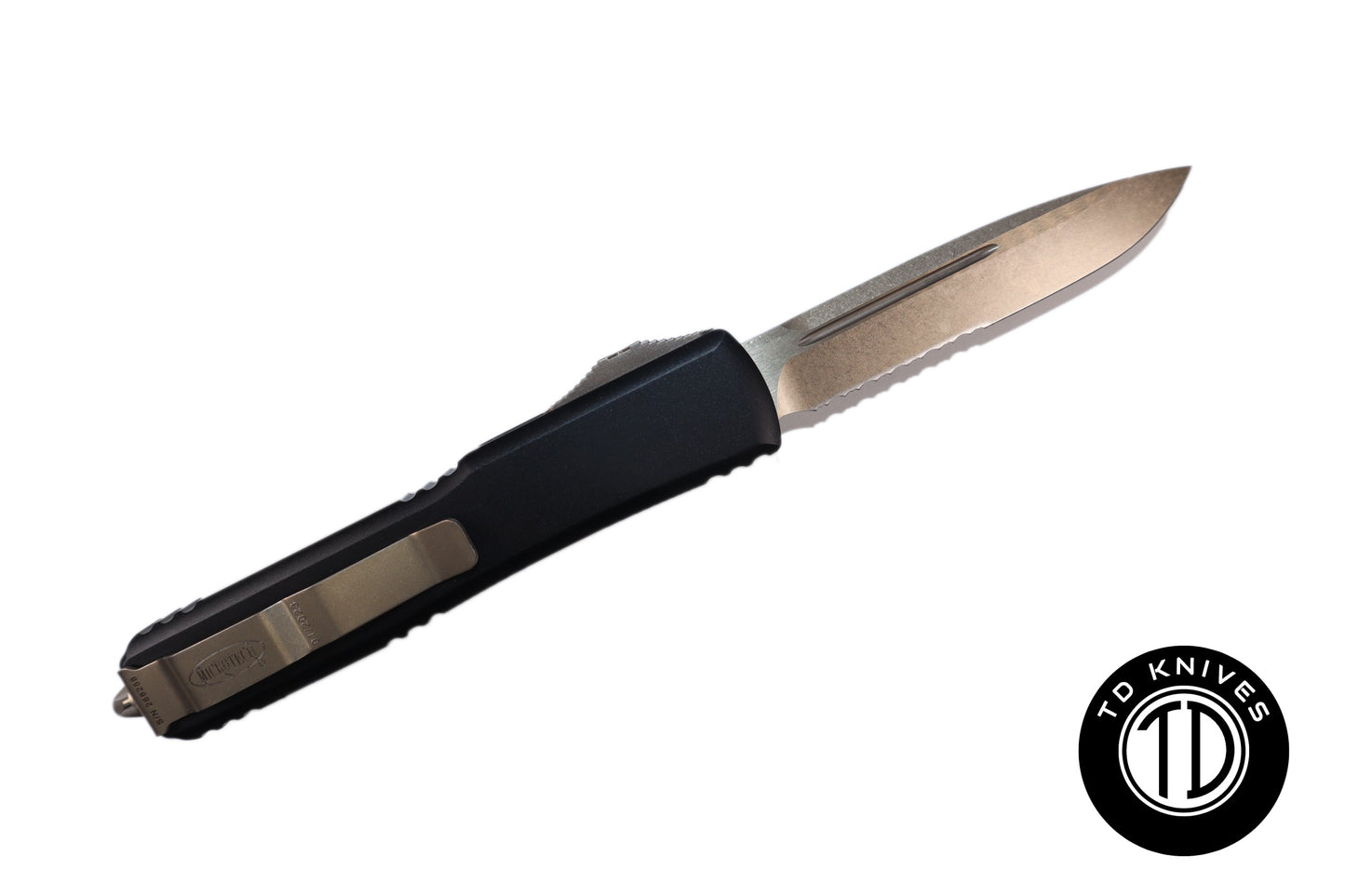 MICROTECH - Ultratech Partial Serrated Standard Edge in Black with Bronzed Blade and Hardware. Model # 121-14