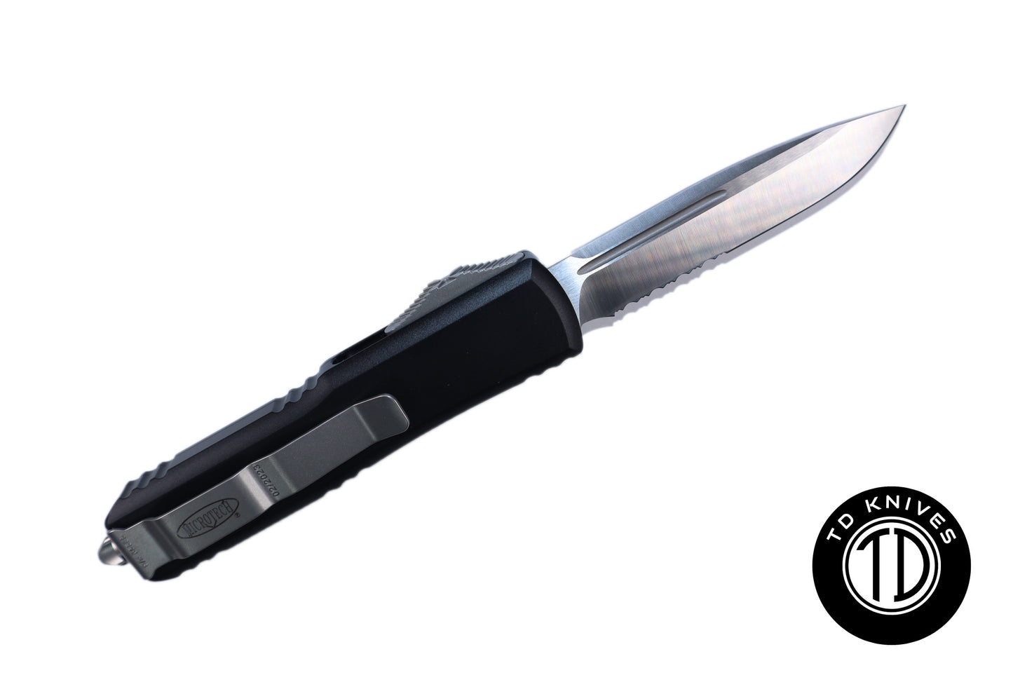 MICROTECH - UTX-85 Partial Serrated Standard Edge with Black Handle and Satin Blade Finish. Model # 231-5