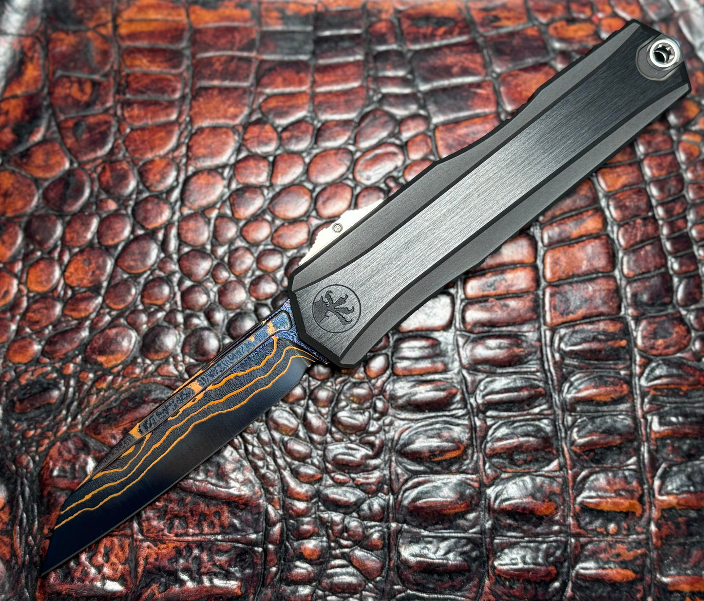 Marfione Select - Cypher II Gen III Blued Baker Forge Copper Mai Damascus S/E Blade W/ Hefted Black Aluminum Handle and Tritium button insert. Model # 1241-16MS1