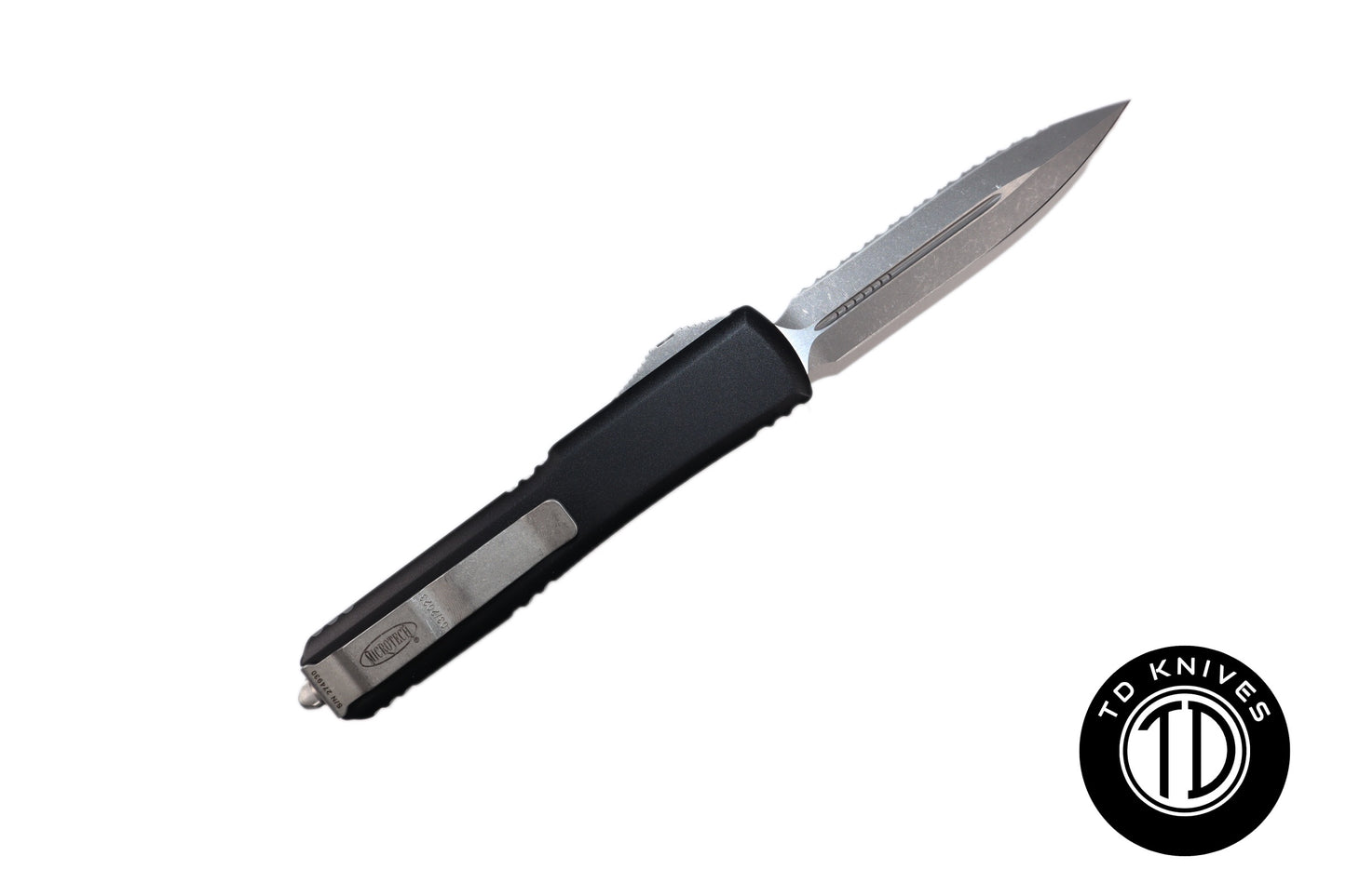 MICROTECH - Ultratech Double Edge Fully Serrated in Black with Apocalyptic Blade Finish. Model # 122-12AP