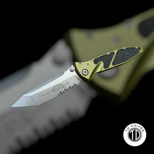 MICROTECH - Socom Elite Manual in OD Green W/ Tanto Edge Partial Serrated Stonewash Blade. Model # 161-11OD