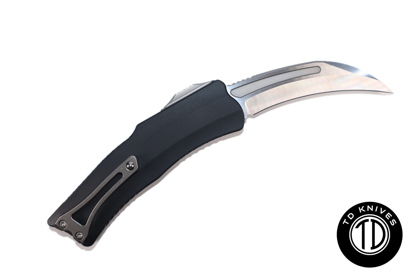 HERETIC - ROC W/ Black Handle & Satin Curved Hawkbill Blade Finish. Model # H060-1A