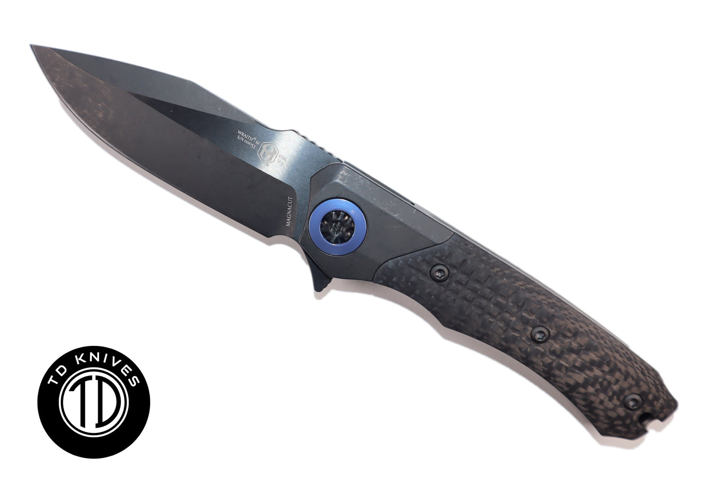 HERETIC-  Wraith Manual V3 in Titanium Chassis, Carbon Fiber Inlays W/ DLC Battleworn MagnaCut Blade & Blue Ti Accents Model # H001-6A-BLUTi