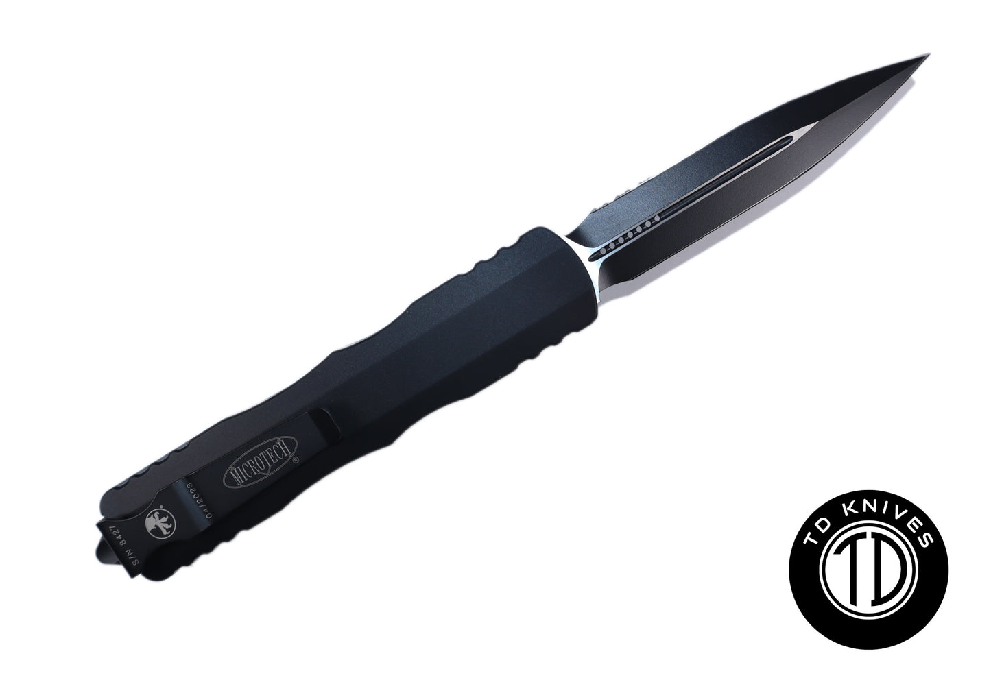 MICROTECH - Dirac Delta Fully Serrated Double Edge in Tactical Black with Black Blade Finish. Model # 227-3T