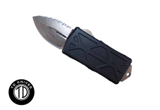 MICROTECH - Exocet Fully Serrated Double Edge in Black with Bronze Blade Finish. Model # 157-15