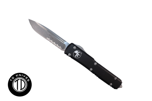 MICROTECH - Ultratech Partial Serrated Standard Edge in Black with Apocalyptic Finished Blade. Model # 121-11AP