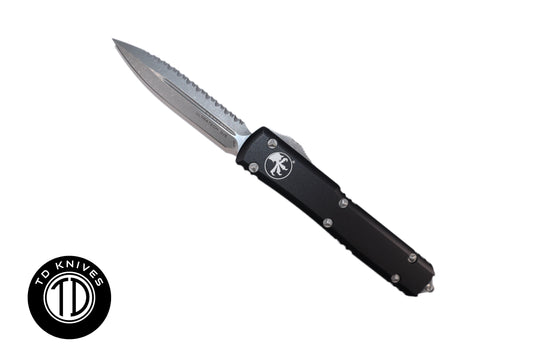 MICROTECH - Ultratech Double Edge Fully Serrated in Black with Apocalyptic Blade Finish. Model # 122-12AP