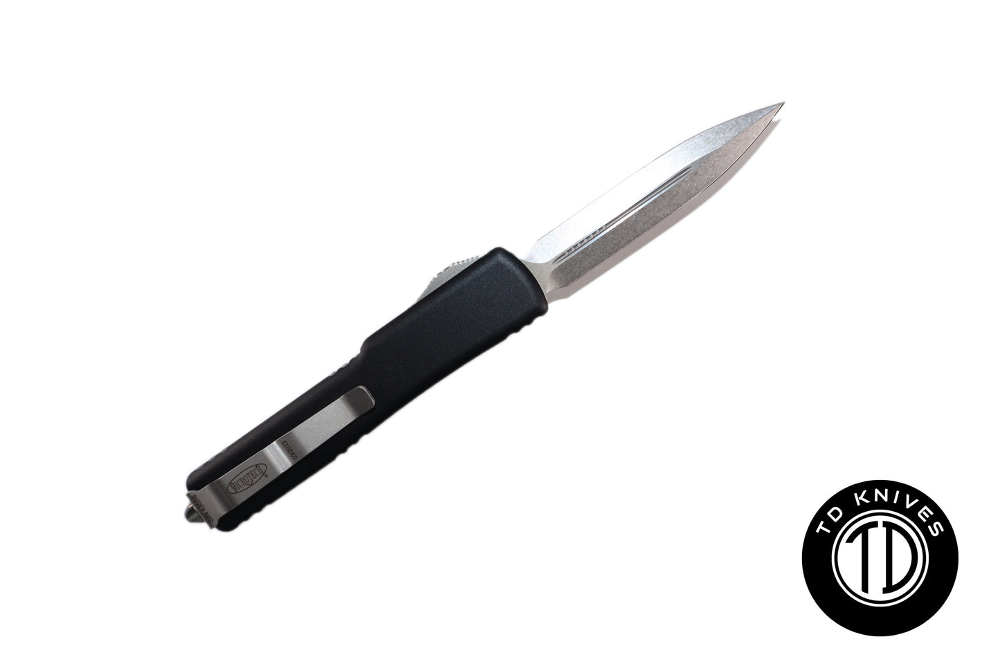 MICROTECH - UTX-70 Double Edge in Black with Stonewashed Finish Blade. Model # 147-10