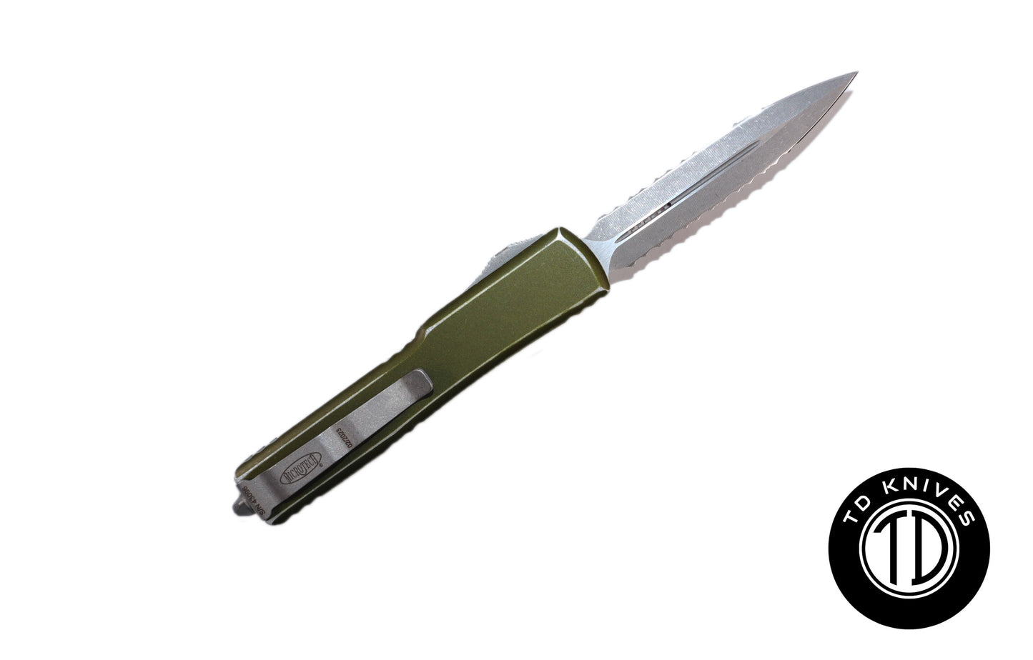 MICROTECH - UTX-70 Fully Serrated Double Edge in Distressed OD Green with Apocalyptic Finish Blade. Model # 147-D12 DOD