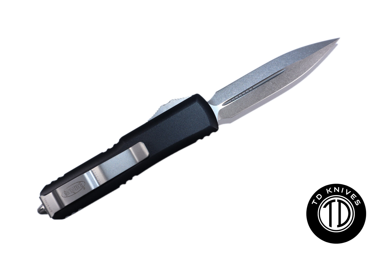 MICROTECH - UTX-85 Double Edge with Black Handle and Stonewashed Finish Blade. Model # 232-10