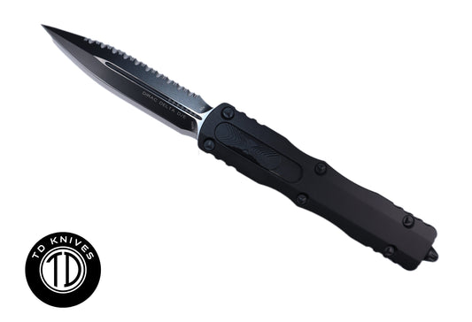 MICROTECH - Dirac Delta Fully Serrated Double Edge in Tactical Black with Black Blade Finish. Model # 227-3T