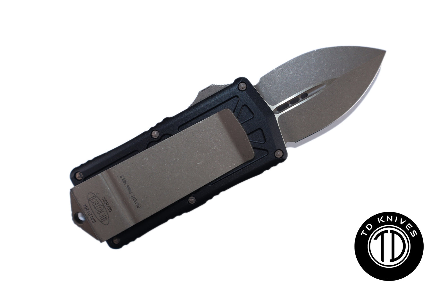 MICROTECH - Exocet Double Edge in Black with Apocalyptic Bronze Blade and Bronze Hardware. Model # 157-13AP