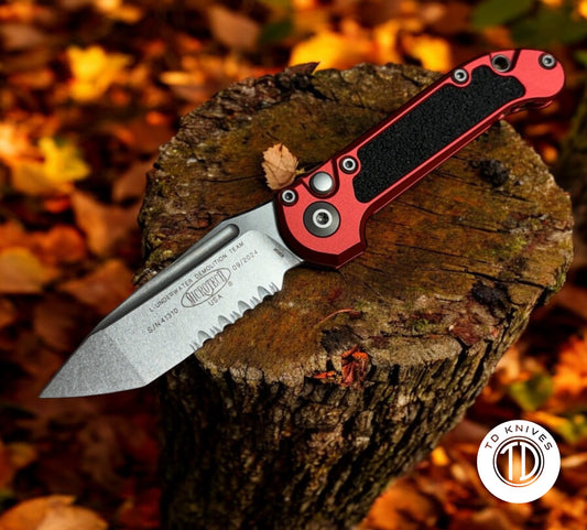 MICROTECH - LUDT T/E Gen III in Red W/ Partial Serrated Stonewashed Blade Finish. Model # 1136-11RD