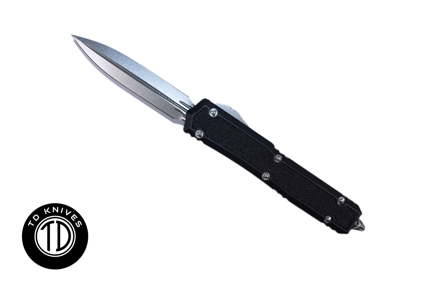 MICROTECH - Signature Series Makora Double Edge with Black Handle and Stonewashed Finish Blade. Model # 206-10S