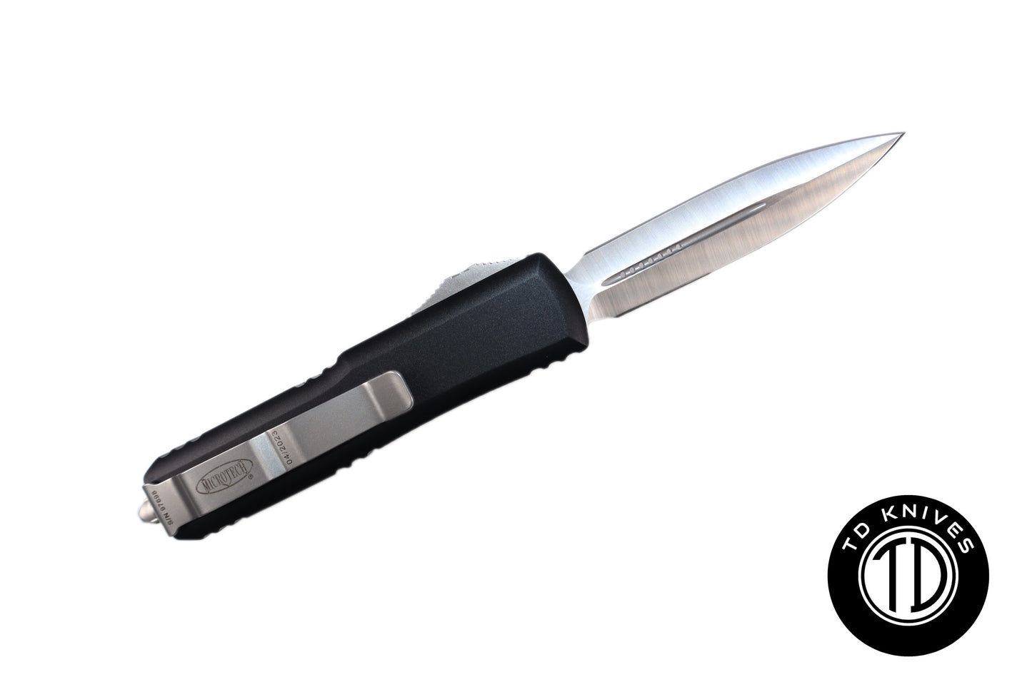 MICROTECH - UTX-85 Double Edge with Black Handle and Satin Finish Blade. Model # 232-4