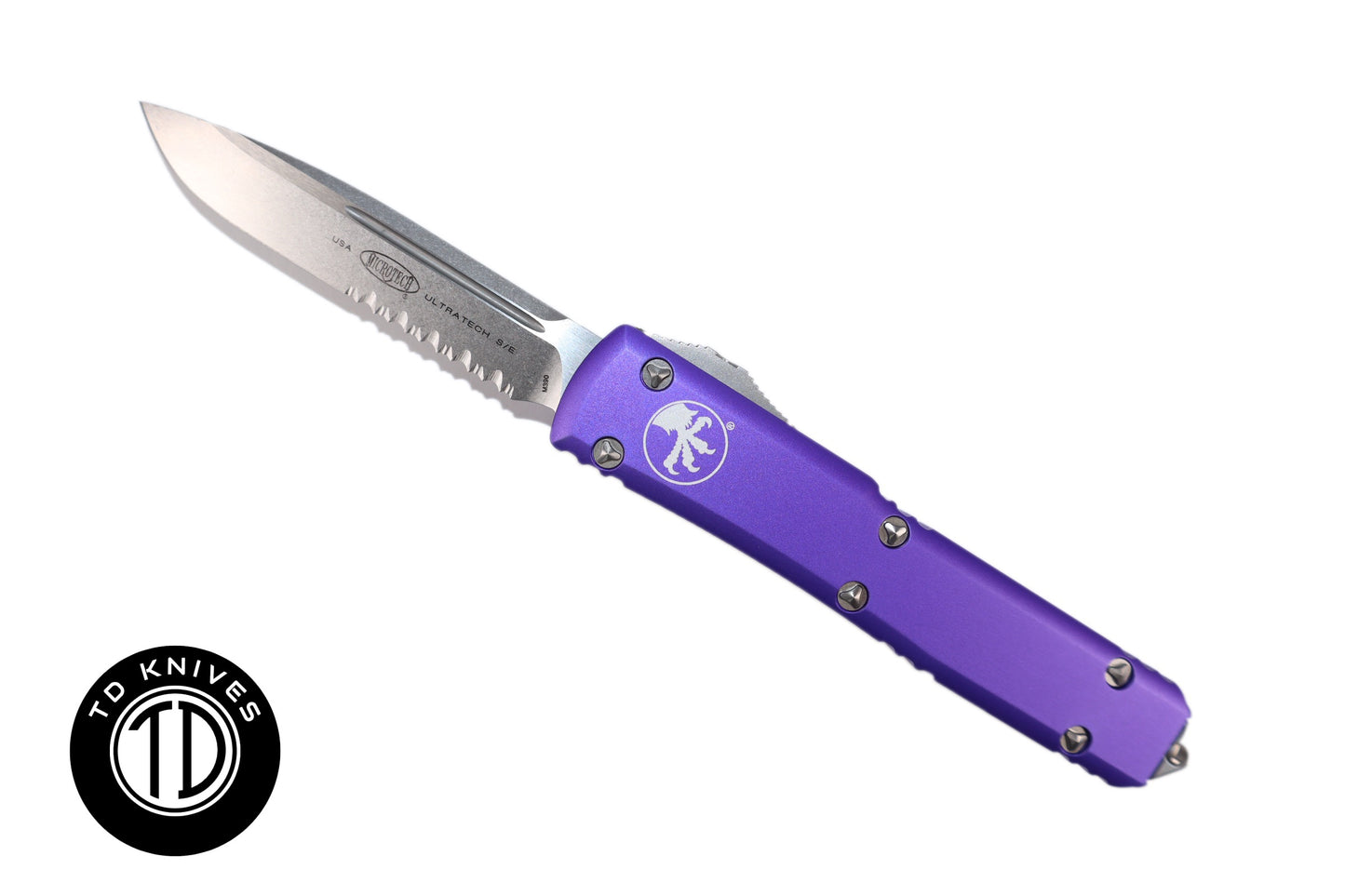 MICROTECH - Ultratech Partial Serrated Standard Edge in Purple with Stonewashed Finished Blade. Model # 121-11PU