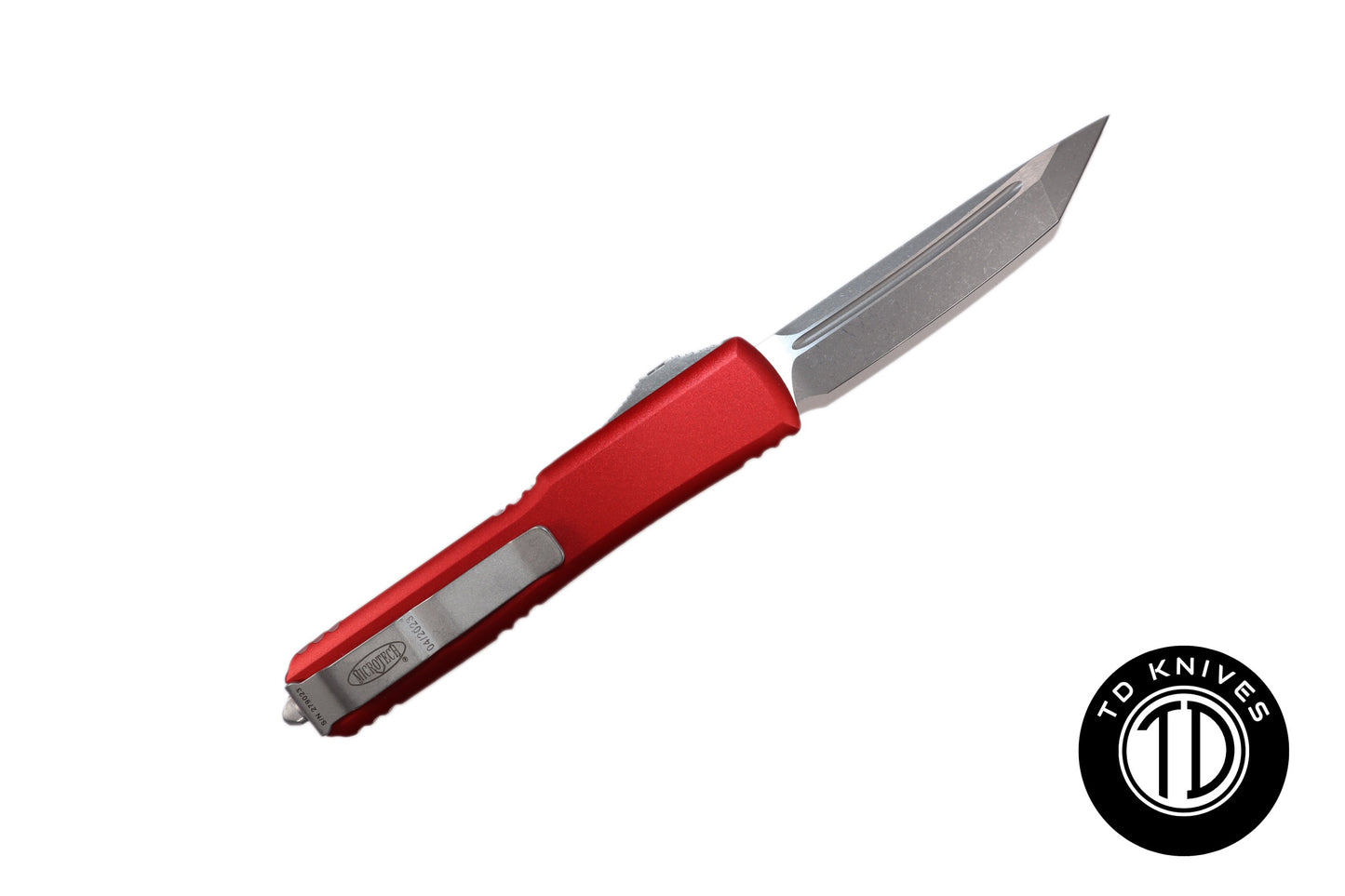 MICROTECH - Ultratech Tanto Edge in Red with Apocalyptic Finish Blade. Model # 123-10APRD