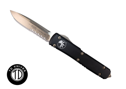 MICROTECH - Ultratech Partial Serrated Standard Edge in Black with Bronzed Blade and Hardware. Model # 121-14