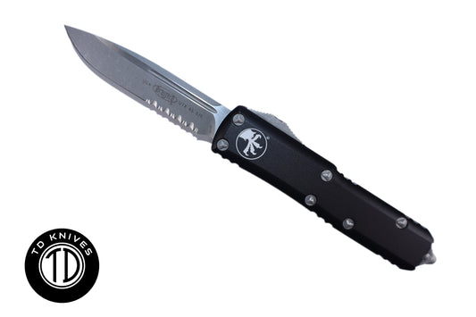 MICROTECH - UTX-85 Partial Serrated Standard Edge with Black Handle and Apocalyptic Blade Finish. Model # 231-11AP