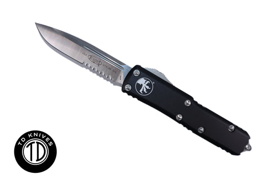 MICROTECH - UTX-85 Partial Serrated Standard Edge with Black Handle and Satin Blade Finish. Model # 231-5