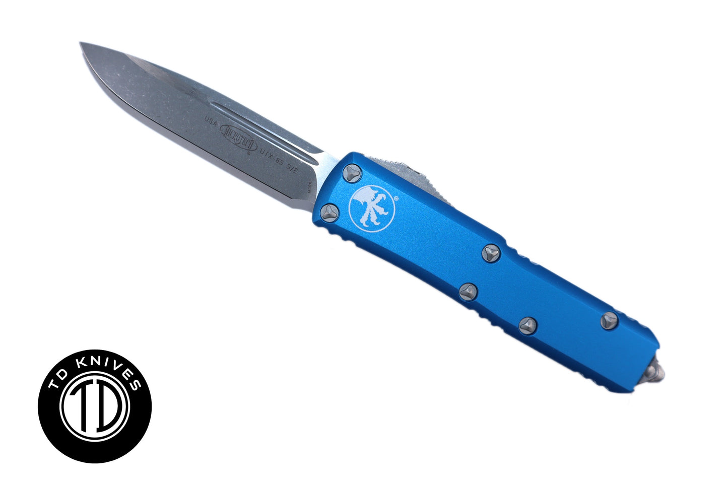 MICROTECH - UTX-85 Standard Edge with Blue Handle and Apocalyptic Blade Finish. Model # 231-10APBL